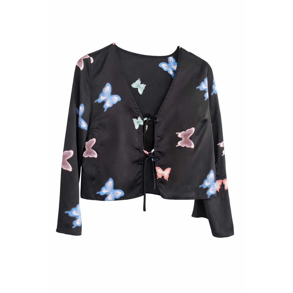 Lisa Says Gah Black Butterfly Print Satin Tie Front Bell Sleeve Crop Top Small - Picture 3 of 7